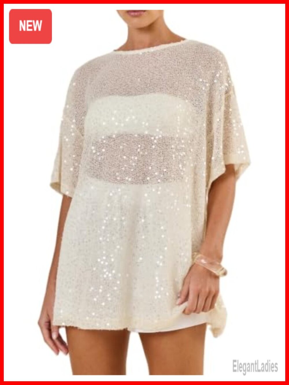 Sparkly Sequin Sheer Knit Oversized Short Sleeve Top